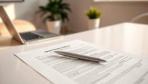 A crisp, well-lit photograph of sports therapy waiver guidelines displayed on a clean, minimalist desk. The foreground features the waiver document laid out with a modern pen and a subtle, muted color palette. The middle ground showcases a neutral office environment with a laptop, potted plant, and other professional accoutrements. The background blurs into a soft, out-of-focus scene, creating a calm, focused atmosphere. Warm, natural lighting casts a subtle glow, emphasizing the importance and seriousness of the waiver document. The overall composition conveys a sense of professionalism, attention to detail, and the need to carefully review the liability guidelines before signing.
