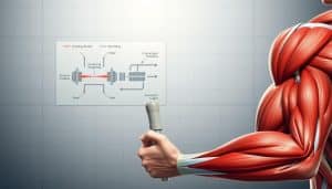 A detailed anatomical illustration showcasing the mechanics of eccentric and concentric muscle contractions. In the foreground, a stylized human figure performing a bicep curl, with the muscle fibers highlighted to reveal the lengthening and shortening during the eccentric and concentric phases. The middle ground features a technical diagram with labeled arrows and annotations, explaining the biomechanical differences between the two types of muscle work. The background is a clean, minimalist space with subtle grid lines, conveying a sense of scientific analysis and precision. The lighting is soft and directional, casting subtle shadows to accentuate the muscular details. The overall mood is one of educational clarity, highlighting the key concepts in a visually engaging manner.
