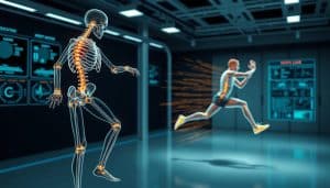 A detailed biomechanical analysis of an athlete's kinetic chain during a dynamic movement, captured through high-speed motion capture cameras. In the foreground, a skeletal figure overlaid with a wireframe model, joints and limbs highlighted, showcasing the complex interplay of body segments. In the middle ground, a synchronized view of the athlete performing a plyometric exercise, their explosive motion frozen in time. The background features a minimalist, futuristic-looking laboratory setting, with diagnostic readouts and visualization tools, emphasizing the scientific approach to injury prevention and performance optimization.