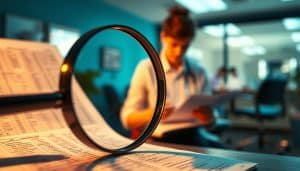 A detailed illustration of the accuracy and complexity of CPT coding in sports therapy. The foreground features a magnifying glass examining a CPT code chart, highlighting the intricate details and nuances that must be precisely documented. The middle ground showcases a sports therapist meticulously reviewing patient records, ensuring proper code selection. In the background, a blurred image of a sports therapy clinic, conveying the real-world application of this essential coding knowledge. The scene is illuminated by warm, focused lighting, creating a contemplative and professional atmosphere. Subtle blue and green tones evoke the calming, therapeutic nature of the sports therapy industry.