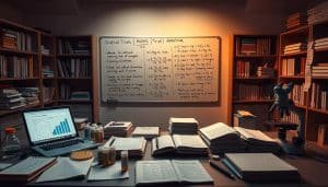 A dimly lit clinical research laboratory, with a large desk covered in medical files, notebooks, and a laptop displaying statistical charts and graphs. In the foreground, various clinical trial materials such as sample vials, petri dishes, and a microscope. The middle ground features a whiteboard with equations and formulas related to statistical analysis techniques like regression, ANOVA, and hypothesis testing. In the background, shelves filled with scientific journals and textbooks on biostatistics and epidemiology. Warm, focused lighting illuminates the scene, creating a contemplative and analytical atmosphere.