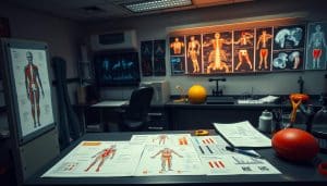 A dimly lit laboratory setting, with a focus on a central workbench displaying various scientific instruments and equipment. In the foreground, a series of medical diagrams and charts depicting the human musculoskeletal system, interconnected with lines and arrows suggesting integrated therapeutic approaches. The middle ground features a mix of physical therapy equipment, such as resistance bands, exercise balls, and massage tools, alongside medical imaging scans and data readouts. In the background, a wall-mounted display showcases complex anatomical models and diagrams, casting a warm, analytical glow over the scene. The overall atmosphere conveys a harmonious integration of scientific knowledge and practical therapeutic applications.