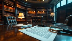 A dimly lit law office interior, with a large oak desk and plush leather chairs. On the desk, a stack of legal documents and a pen resting on top. The walls are lined with shelves of law books, casting a warm, authoritative glow. In the foreground, a sports therapy waiver form lies open, its text clearly visible, with a magnifying glass placed beside it, suggesting the close examination of its legality. The lighting is a combination of soft, diffused overhead illumination and the gentle glow of a desk lamp, creating a contemplative, professional atmosphere. The angle is a three-quarter view, drawing the viewer's attention to the key elements of the scene.