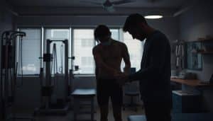 A dimly lit medical laboratory setting, with various rehabilitation and physiotherapy equipment in the background. In the foreground, a physiotherapist examines a patient's leg, analyzing the injured tendon area. The patient's body is visible, but their face is obscured. Soft, diffused lighting illuminates the scene, casting subtle shadows and highlighting the diagnostic process. The overall atmosphere conveys a sense of clinical expertise and evidence-based approach to tendinopathy management.