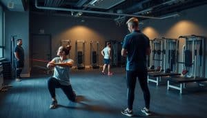 A dimly lit rehabilitation clinic, patients performing various tendon-strengthening exercises under the watchful guidance of a physical therapist. In the foreground, a person carefully stretching their Achilles tendon, using a resistance band for added tension. In the middle ground, another individual is performing eccentric heel drops, targeting the calf and Achilles. In the background, a series of exercise stations, each with specialized equipment designed to target different tendon groups. The lighting is soft and warm, creating a calming, therapeutic atmosphere. The camera angle is slightly elevated, providing a comprehensive view of the rehabilitation process.
