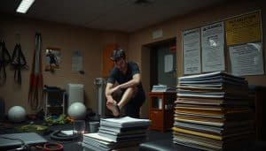 A dimly lit sports therapy clinic, with a sense of tension and risk. In the foreground, a physiotherapist examines a patient's injured ankle, their expressions serious. Scattered around the room are medical equipment, resistance bands, and other tools of the trade, hinting at the potential hazards of the profession. The middle ground features a stack of patient files, a reminder of the need for careful documentation and risk management. In the background, a bulletin board displays warning signs and liability disclaimers, casting a shadow of caution over the scene. The lighting is warm but muted, creating an atmosphere of focus and responsibility. The overall composition conveys the weight of liability considerations in the high-stakes world of sports therapy.