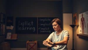 A dimly lit therapy room, the walls adorned with motivational posters and anatomical diagrams. In the foreground, a patient and therapist engage in a focused session, the therapist guiding the patient through a series of targeted motor exercises. The scene is illuminated by soft, warm lighting, creating a contemplative atmosphere. The patient's expression reflects a blend of concentration and determination, as they work to internalize the explicit instructions provided by the therapist. In the background, a chalkboard displays the concepts of "Explicit Learning" and "Implicit Learning," visually representing the interplay between these two fundamental principles of motor rehabilitation.
