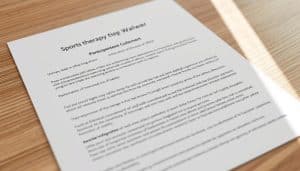 A formal, well-designed sports therapy waiver document lies on a wooden desk, illuminated by soft, natural lighting. The waiver contains detailed sections outlining the key requirements, such as participant information, assumption of risk, medical clearance, and liability release clauses. The document is presented in a professional, legible font against a clean, off-white background, conveying a sense of seriousness and attention to legal detail. The scene evokes a sense of trust, transparency, and a commitment to safety and risk management within the sports therapy industry.
