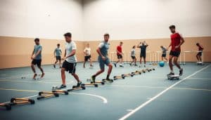 A group of athletes performing coordination drills on a well-lit indoor sports court. In the foreground, players are carefully navigating through a series of agility ladders, stepping quickly and precisely. In the middle ground, others are engaged in balance exercises, using stability balls and wobble boards to improve their proprioception. In the background, the court is lined with cones and hurdles, where athletes are practicing rapid direction changes and plyometric jumps. Soft, diffused lighting casts a warm glow, highlighting the focused expressions and dynamic movements of the training session. The overall scene conveys the importance of coordination training for optimal athletic performance.