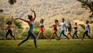 A group of diverse individuals effortlessly moving through a serene, natural environment. In the foreground, a person performs a fluid, graceful exercise, their body in perfect alignment. The middle ground features others engaged in a variety of functional movements, each motion seamless and efficient. In the background, a lush, verdant landscape provides a calming backdrop, with warm, diffused lighting highlighting the scene. The overall mood is one of harmony, balance, and the beauty of well-executed, optimized movement.