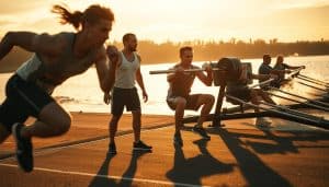A group of elite Calgary athletes engaged in performance optimization case studies, captured in a dynamic, cinematic scene. In the foreground, a sprinter bursts forward, muscles rippling under meticulously tailored sportswear. In the middle ground, a weightlifter squats with precise form, spotters attentively observing. In the background, a rower pulls powerfully, water splashing as they glide across a tranquil lake. Warm, golden lighting casts an inspirational glow, accentuating the athletes' determination and focus. The scene is shot from a low angle with a wide lens, emphasizing the power and physicality of the movements. An atmosphere of dedication, innovation, and the pursuit of athletic excellence permeates the frame.