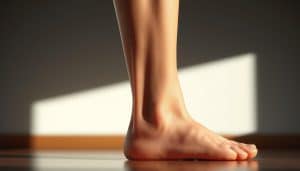 A high-resolution, photorealistic image of a human leg with a close-up view of the midportion achilles tendon. The tendon appears slightly inflamed and discolored, indicating tendinopathy. The scene is well-lit from the side, casting soft shadows that accentuate the tendon's texture and form. The background is blurred, keeping the focus on the tendon and the surrounding anatomy. The overall mood is clinical and informative, conveying the medical nature of the subject matter. The image is captured at a medium-range angle, allowing for a detailed examination of the affected area.