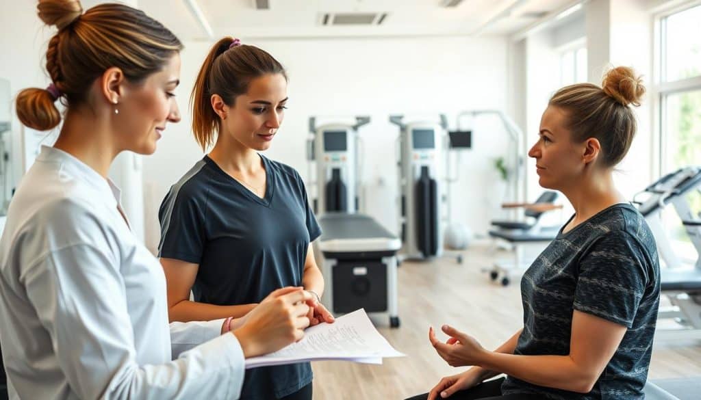 A meticulously curated sports therapy clinic with a biopsychosocial approach. In the foreground, a sports therapist carefully reviews a personalized treatment plan with a patient, their faces expressing attentive collaboration. The middle ground showcases an array of rehabilitation equipment and modalities, hinting at the clinic's comprehensive care. The background depicts an open, airy space filled with natural light, conveying a serene, wellness-focused atmosphere. The scene is captured with a medium-wide lens, creating a balanced, inviting composition that highlights the clinic's emphasis on tailored, holistic rehabilitation.