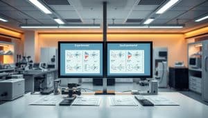 A meticulously designed experimental setup featuring a side-by-side comparison of two distinct research methodologies. In the foreground, a clean, well-lit workspace with technical equipment, measuring instruments, and neatly organized data sheets. In the middle ground, two panels displaying schematics and diagrams that illustrate the key differences between experimental and quasi-experimental designs. The background showcases a sleek, modern laboratory environment with state-of-the-art technology, creating an atmosphere of scientific rigor and innovation. Subtle warm lighting and clean, minimalist aesthetics evoke a sense of professionalism and intellectual inquiry, perfectly suited to visualize the exploration of research methodologies in the field of sports therapy.