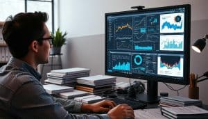 A meticulously organized data analysis workspace, with a large monitor displaying meticulously arranged charts, graphs, and statistical visualizations. The foreground features a researcher intently studying the results, their face lit by the warm glow of the screen. The middle ground showcases an array of reference materials, including academic journals, research papers, and notes. The background subtly fades into a softly lit, minimalist office environment, evoking a sense of focused productivity and scientific inquiry. The overall atmosphere is one of systematic, evidence-based investigation, with a touch of contemplative intensity.