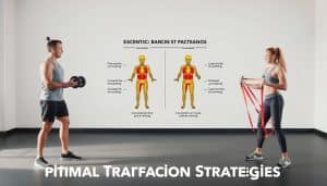 A meticulously rendered, high-resolution image of an optimal training integration strategy for eccentric versus concentric muscle activation. In the foreground, a fitness instructor demonstrates proper form for eccentric and concentric exercises using free weights and resistance bands. The middle ground features a schematic diagram illustrating the biomechanical principles of each movement. In the background, a clean, minimalist studio setting with soft, even lighting accentuates the exercise demonstration and technical information. The overall tone is informative, educational, and visually appealing to complement the "Optimal Training Integration Strategies" section of the article.
