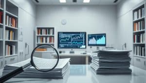 A minimalist research laboratory with clean white walls and gleaming stainless steel equipment. In the foreground, a magnifying glass examines a stack of research papers, symbolizing the careful scrutiny of methodology. The middle ground features a computer screen displaying statistical models and scatter plots, representing the analytical process. In the background, bookshelves filled with academic journals create a scholarly atmosphere, hinting at the depth of knowledge required to conduct unbiased research. Soft, directional lighting casts subtle shadows, emphasizing the precision and attention to detail necessary for minimizing bias. The overall mood is one of intellectual rigor, objectivity, and a commitment to scientific integrity.