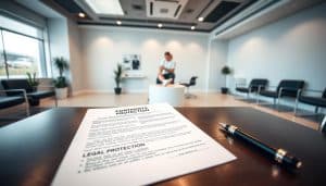 A modern sports therapy clinic interior, with a focus on liability protection documents. In the foreground, a desk displays a contract, pen, and clipboard, representing the legal aspects of the practice. The middle ground showcases a therapist examining a patient's ankle, emphasizing the medical services provided. The background features sleek, minimalist decor, giving an air of professionalism and care. Soft, diffused lighting illuminates the scene, creating a calming atmosphere. Captured with a wide-angle lens to encompass the space, this image conveys the balance between medical expertise and legal safeguards that defines the sports therapy experience.