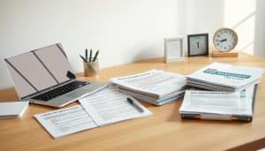 A neatly organized desk with a laptop, a stack of files, a pen holder, and a desk calendar. On the desk, various risk management tools are displayed, such as a risk assessment worksheet, a liability checklist, and a risk mitigation plan template. The lighting is soft and natural, creating a calm and professional atmosphere. The camera angle is slightly elevated, providing a clear view of the desk and its contents. The background is a neutral, minimalist office setting, allowing the risk management tools to be the focal point of the image.