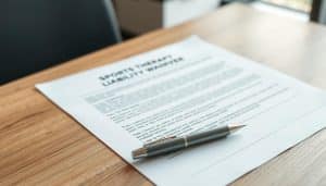 A neatly organized sports therapy liability waiver document lying on a wooden table, with a pen resting next to it. The document is well-lit, with soft, diffused lighting illuminating the details of the text and graphics. The background is slightly blurred, suggesting a modern, professional office setting. The overall mood is one of clarity, legibility, and a sense of understanding the importance of this legal document in the context of sports therapy services.