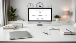 A neatly organized workspace with a crisp white table, showcasing the essential elements of research design fundamentals. In the foreground, a sleek laptop, a stack of books, and a thoughtfully arranged set of stationery items like a pen, a notebook, and a ruler. The middle ground features a large monitor displaying a simple, clean diagram illustrating the key components of the research process, such as hypothesis, methodology, data collection, and analysis. The background is softly blurred, creating a sense of focus and depth, with a minimalist wall decor and subtle ambient lighting that sets a contemplative, academic tone.