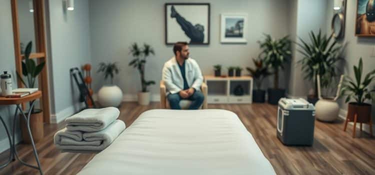 A peaceful, well-lit sports therapy clinic. In the foreground, a padded treatment table stands ready, with towels, a water bottle, and other essential items neatly arranged. The middle ground features a client sitting comfortably, conversing with a licensed sports therapist in a white coat. Soft, diffused lighting creates a calming atmosphere, while potted plants and soothing artwork adorn the walls in the background. The scene conveys a sense of professionalism, care, and patient-centered approach to sports therapy preparation.