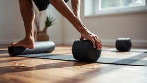 A person demonstrating various foam roller techniques on a wooden floor, with natural lighting streaming in from a nearby window. The foreground shows the person's lower body as they apply pressure and roll their legs and back. The middle ground depicts the foam roller's textured surface and the person's hands guiding its movement. The background is a minimalist, calming space, perhaps with a plant or two, to highlight the therapeutic nature of self-myofascial release.