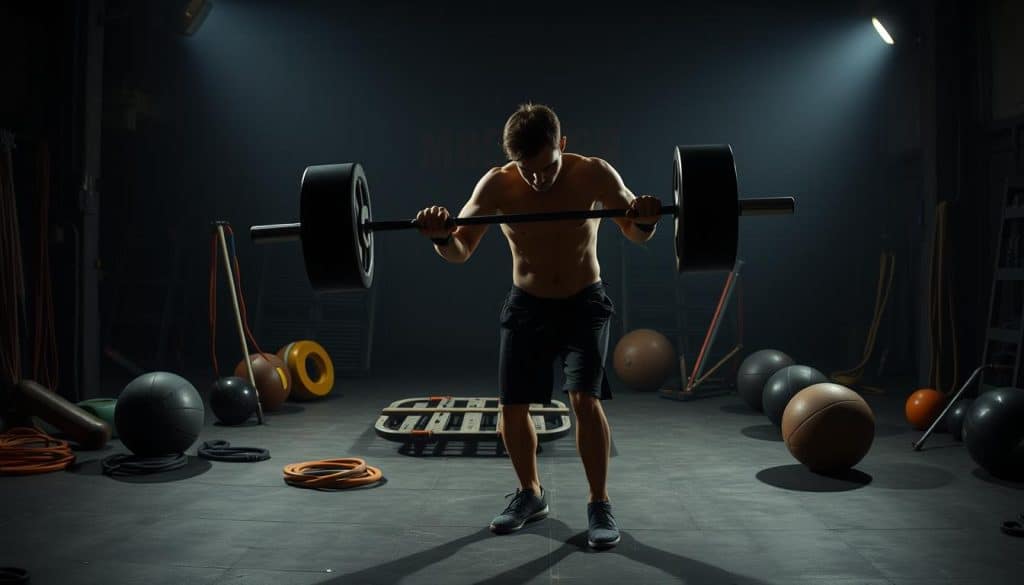 A person performing an eccentric exercise routine with unconventional equipment in a dimly lit, industrial-style gym. In the foreground, the figure lifts a large, weighted barbell using exaggerated, erratic movements. Surrounding them, an array of unusual training devices like resistance bands, medicine balls, and a weighted sled in the middle ground. In the background, the space is shrouded in shadows, creating a moody, atmospheric setting that emphasizes the unorthodox nature of the workout. Dramatic, dramatic lighting casts sharp contrasts, highlighting the subject's intense focus and the challenge of the exercises.