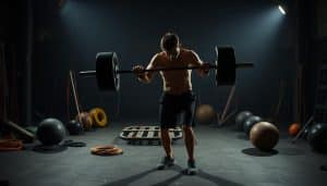 A person performing an eccentric exercise routine with unconventional equipment in a dimly lit, industrial-style gym. In the foreground, the figure lifts a large, weighted barbell using exaggerated, erratic movements. Surrounding them, an array of unusual training devices like resistance bands, medicine balls, and a weighted sled in the middle ground. In the background, the space is shrouded in shadows, creating a moody, atmospheric setting that emphasizes the unorthodox nature of the workout. Dramatic, dramatic lighting casts sharp contrasts, highlighting the subject's intense focus and the challenge of the exercises.