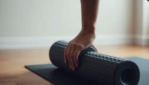 A person's hand gently rolling a foam roller along their calf muscle, creating a calming, therapeutic effect. The roller's texture and design are clearly visible, with a soft, soothing lighting illuminating the scene. The background is blurred, placing the focus on the self-myofascial release technique being performed. The overall mood is one of relaxation and effective muscle recovery, showcasing the benefits of this self-care practice.