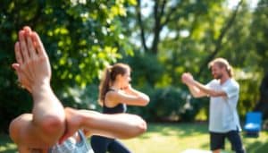 A serene sports therapy recovery journey unfolds against a backdrop of lush greenery. In the foreground, a patient engages in gentle stretches, their face reflecting a sense of calm determination. The middle ground features a therapist guiding the patient through personalized exercises, their interactions conveying a bond of trust and encouragement. The background showcases a tranquil outdoor setting, with dappled sunlight filtering through the trees, creating a warm, inviting atmosphere. The overall scene radiates a sense of progress, healing, and the restorative power of sports therapy.