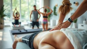 A serene sports therapy session unfolds, showcasing the key benefits. In the foreground, a person undergoes a targeted massage, muscles relaxing under skilled hands. In the middle ground, athletes engage in guided stretches and exercises, enhancing flexibility and range of motion. The background depicts a tranquil, well-equipped sports therapy clinic, filled with natural light and soothing decor. The overall mood is one of restoration, as the scene highlights how sports therapy can alleviate pain, improve performance, and promote holistic well-being.
