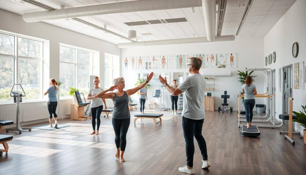 A spacious and well-equipped physical therapy clinic, with floor-to-ceiling windows bathed in natural light. In the foreground, a patient performs gentle stretches and exercises guided by a licensed physical therapist, their movements graceful and focused. In the middle ground, other patients engage in various rehabilitation activities, including using resistance bands, balance boards, and exercise machines. The background features an array of anatomical charts, therapeutic equipment, and soothing nature-inspired decor, creating a serene and inviting atmosphere conducive to healing and recovery. The overall scene conveys a harmonious integration of evidence-based physical therapy techniques and a holistic, patient-centered approach.