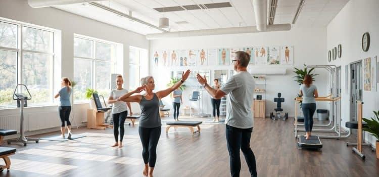 A spacious and well-equipped physical therapy clinic, with floor-to-ceiling windows bathed in natural light. In the foreground, a patient performs gentle stretches and exercises guided by a licensed physical therapist, their movements graceful and focused. In the middle ground, other patients engage in various rehabilitation activities, including using resistance bands, balance boards, and exercise machines. The background features an array of anatomical charts, therapeutic equipment, and soothing nature-inspired decor, creating a serene and inviting atmosphere conducive to healing and recovery. The overall scene conveys a harmonious integration of evidence-based physical therapy techniques and a holistic, patient-centered approach.