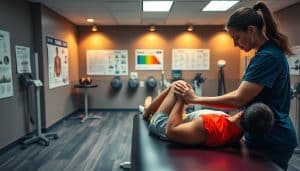 A sports medicine clinic, bathed in warm, diffused lighting. In the foreground, an athlete lies on an examination table, their body language conveying discomfort as a therapist gently palpates their injured limb, evaluating the pain response. In the middle ground, diagnostic charts and pain scale diagrams adorn the walls, providing visual cues for the assessment process. The background features state-of-the-art medical equipment, lending an air of professionalism and expertise to the scene. The overall atmosphere is one of care and diligence, as the therapist works to understand the athlete's pain and develop an effective treatment plan.