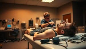 A sports medicine clinic, dimly lit with warm overhead lighting. In the foreground, an athlete lies on an examination table, their face contorted in pain as a physical therapist carefully monitors their reaction to a pressure test. In the middle ground, various medical instruments and monitoring devices are scattered, providing a sense of the limitations and challenges in accurately assessing athletic performance pain. The background is blurred, hinting at the wider context of the clinic and the constraints faced by healthcare professionals in effectively managing sports-related injuries.