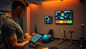 A sports rehabilitation facility, dimly lit with warm ambient lighting. In the foreground, a physical therapist diligently assesses a patient's range of motion, carefully documenting pain levels on a digital tablet. The middle ground features various rehabilitation equipment, including exercise balls, resistance bands, and sleek, modern machines. In the background, a wall-mounted display showcases a pain assessment scale, integrating objective measures such as heart rate and muscle tension. The scene conveys a sense of focused professionalism, as the healthcare team works to understand and address the patient's recovery needs.