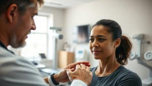 A sports therapist assessing a patient's pain level during athletic recovery, captured in a detailed, realistic portrait. The foreground features the therapist's face, focused and empathetic, as they gently palpate the patient's limb. The middle ground shows the patient's expression, conveying a mix of discomfort and trust. The background is a softly blurred sports medicine clinic, with diagnostic equipment and soothing, neutral-toned decor. Warm, natural lighting bathes the scene, creating a calming atmosphere. Crisp, high-resolution detail throughout, with a shallow depth of field to draw the viewer's attention to the central interaction.