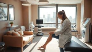 A sports therapist in a well-equipped clinic in downtown Calgary, Alberta, attentively examining a patient's injured knee. The warm, inviting interior features sleek modern furniture, natural lighting, and soothing earth-toned decor. Soft shadows cast by overhead lamps create a calming ambiance, while a large window in the background reveals the bustling city skyline. The therapist, clad in a crisp white lab coat, carefully manipulates the patient's leg, assessing the extent of the injury through a series of precise movements. An array of medical equipment, including diagnostic machines and rehabilitation tools, stands ready to aid in the therapy process. The scene conveys a sense of professionalism, expertise, and a patient-centric approach to sports injury treatment.