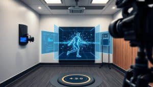 A sports therapy clinic, its walls adorned with advanced force analysis technology. In the foreground, a high-speed camera captures a patient's movements, analyzing the forces acting on their body in real-time. The middle ground showcases a sleek, holographic display, visualizing data points and pressure maps. In the background, a state-of-the-art force plate embedded in the floor measures the impact and distribution of forces. The lighting is soft and clinical, lending an air of professionalism and innovation to the scene. The overall atmosphere conveys the cutting-edge nature of this sports technology, harnessing the power of data and biomechanics to enhance athletic performance and recovery.