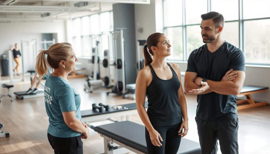 A sports therapy session in a well-lit, modern clinic. In the foreground, a physical therapist and athlete engage in a thoughtful discussion, their expressions focused and attentive. The therapist gestures with care, conveying important information. In the middle ground, various rehabilitation equipment and tools are neatly arranged, suggesting a collaborative, professional environment. The background features large windows, allowing natural light to flood the space and creating a sense of openness and transparency. The overall mood is one of trust, mutual understanding, and a shared commitment to the athlete's recovery and performance enhancement.