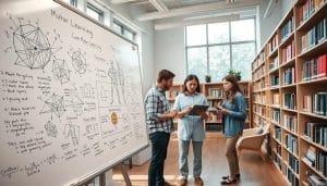 A study room filled with contemporary motor learning theories. Bright, airy space with large windows and natural lighting. Prominent in the foreground, a whiteboard covered in neural network diagrams, equations, and sketches of the human motor system. In the middle ground, researchers engaged in lively discussion, sketching out concepts on a touchscreen tablet. Bookshelves line the walls, filled with texts on motor control, motor learning, and rehabilitation science. An atmosphere of collaborative inquiry, with a sense of depth and perspective conveyed through careful lens and angle choices. Overall, a visually engaging representation of the evolving theories and cutting-edge research in the field of motor learning.