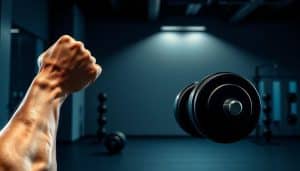 A vibrant illustration showcasing the advantages of concentric exercises. In the foreground, a muscular arm performing a bicep curl with controlled, concentric motion, the muscles visibly contracting. In the middle ground, a contrasting image of eccentric, explosive movement - a dumbbell being rapidly lowered with gravity. The background features a serene, dimly lit gym setting, emphasizing the focus and discipline required for effective concentric training. Dramatic chiaroscuro lighting accentuates the volumetric forms, while a shallow depth of field keeps the viewer's attention on the central action. The overall mood is one of power, precision, and the mental focus needed to harness the benefits of concentric-dominant exercises.