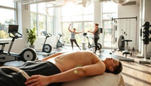 A well-equipped sports therapy clinic, filled with natural light streaming through large windows. In the foreground, a patient undergoing a therapeutic massage, their muscles relaxed as the therapist's skilled hands work. In the middle ground, a patient performing stretches and exercises under the guidance of a physical therapist, their form and technique carefully observed. In the background, state-of-the-art rehabilitation equipment, including exercise bikes, weight machines, and balance boards, all arranged in a clean, modern space that exudes a sense of calm and healing. The atmosphere is one of professionalism, expertise, and a dedication to helping athletes and active individuals recover and thrive.
