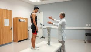A well-lit clinical examination room, with a physiotherapist meticulously assessing an athlete's kinetic chain. The physiotherapist stands behind the athlete, palpating their joints and observing their movement patterns. The athlete is wearing athletic gear, their body in a neutral stance, allowing the physiotherapist to analyze their biomechanics. The scene conveys a sense of careful observation and assessment, with the physiotherapist's hands guiding the athlete through a series of controlled movements. The room is clean and organized, with medical equipment and charts visible in the background, emphasizing the professional nature of the assessment.