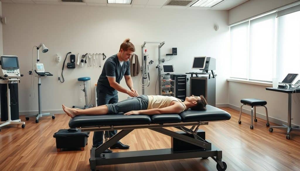 A well-lit, high-resolution photographic scene depicting an evidence-based sports therapy session. In the foreground, a physiotherapist performs a hands-on treatment on an athlete lying on a padded treatment table. In the middle ground, various diagnostic equipment and therapeutic tools are neatly arranged, conveying a sense of professionalism and scientific rigor. The background features a clean, modern sports medicine clinic setting with pale walls, hardwood floors, and subdued lighting, creating a calm, clinical atmosphere. The overall composition emphasizes the importance of data-driven, scientifically-validated sports therapy approaches.