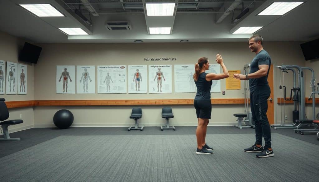 A well-lit indoor sports medicine clinic. In the foreground, an athletic trainer demonstrates stretching and strengthening exercises to prevent pelvic misalignment, with a model athlete performing the moves. In the middle ground, anatomy diagrams and injury prevention infographics are displayed on the walls. The background features state-of-the-art rehabilitation equipment, creating an atmosphere of professionalism and expertise. Muted color palette with natural lighting, emphasizing the clinical yet holistic approach to injury prevention.