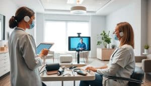 A well-lit medical examination room with modern telehealth equipment. In the foreground, a healthcare professional is conducting a virtual assessment with a patient, using a tablet and video conferencing software. The middle ground features various medical devices and tools, such as a blood pressure cuff, thermometer, and stethoscope, arranged neatly on a tray. The background showcases a large window providing natural light, framed by sleek, contemporary furniture and decor, creating a calm and professional atmosphere. The overall scene conveys the seamless integration of technology and healthcare, facilitating effective remote assessments for sports therapy patients.