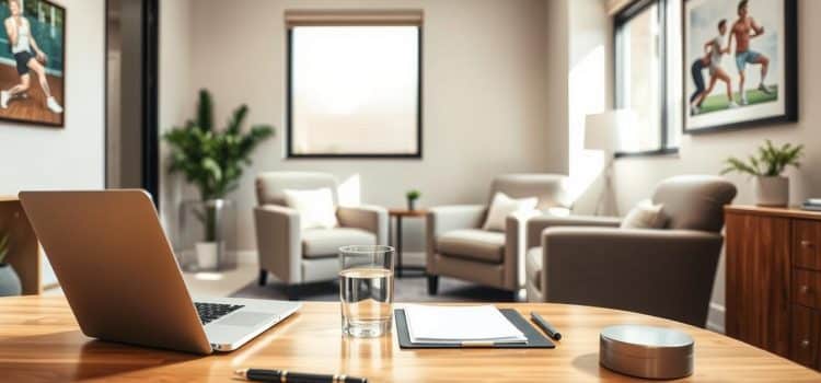 A well-lit office interior with a comfortable patient consultation area. In the foreground, a wooden desk with a laptop, notepad, and pen. A glass of water sits beside them. In the middle ground, two plush armchairs facing each other, positioned for an intimate discussion. Soft, natural lighting filters through large windows, creating a warm, inviting atmosphere. The background features neutral-toned walls adorned with sports-themed artwork, hinting at the specialized nature of the practice. The overall scene conveys a sense of professionalism, care, and open communication between the healthcare provider and the patient.