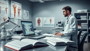 A well-lit, scientific laboratory environment featuring a desk with a laptop, various medical equipment, and reference materials. In the foreground, a medical professional in a lab coat analyzing data on the computer screen, surrounded by stacks of paper and open textbooks. In the middle ground, anatomical diagrams and charts are displayed on the walls, conveying the depth of research and evidence-based approach. The background is softly blurred, creating a focused, contemplative atmosphere conducive to in-depth analysis and interpretation of sports therapy research.